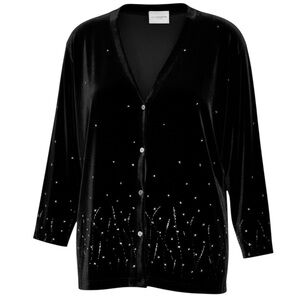 Liz Claiborne Holiday Black Velvet Button Front Sweater Jacket Gold Star Detail